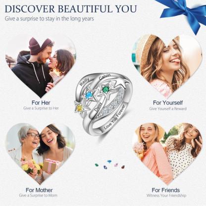 Star Personalized Silver Ring - 3 Custom Birthstones 3 Custom Names 1 Custom Engraving - Personalized Jewel
