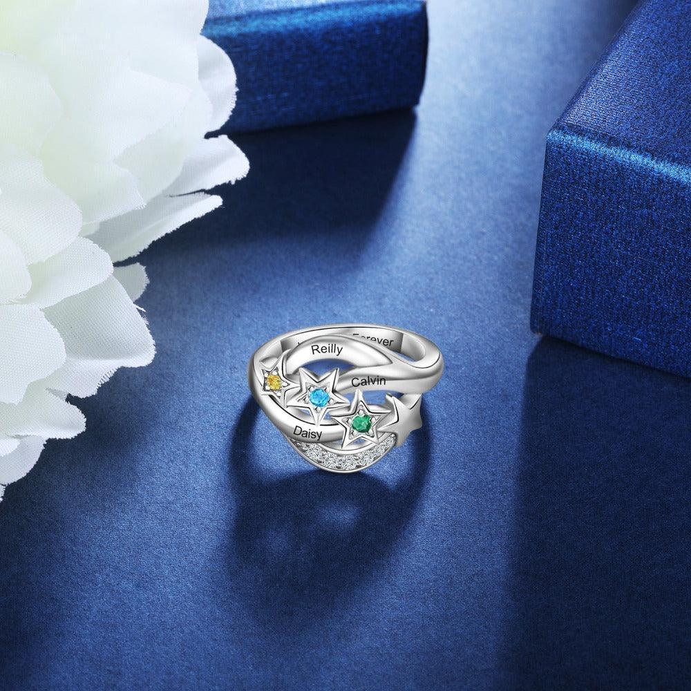 Star Personalized Silver Ring - 3 Custom Birthstones 3 Custom Names 1 Custom Engraving - Personalized Jewel