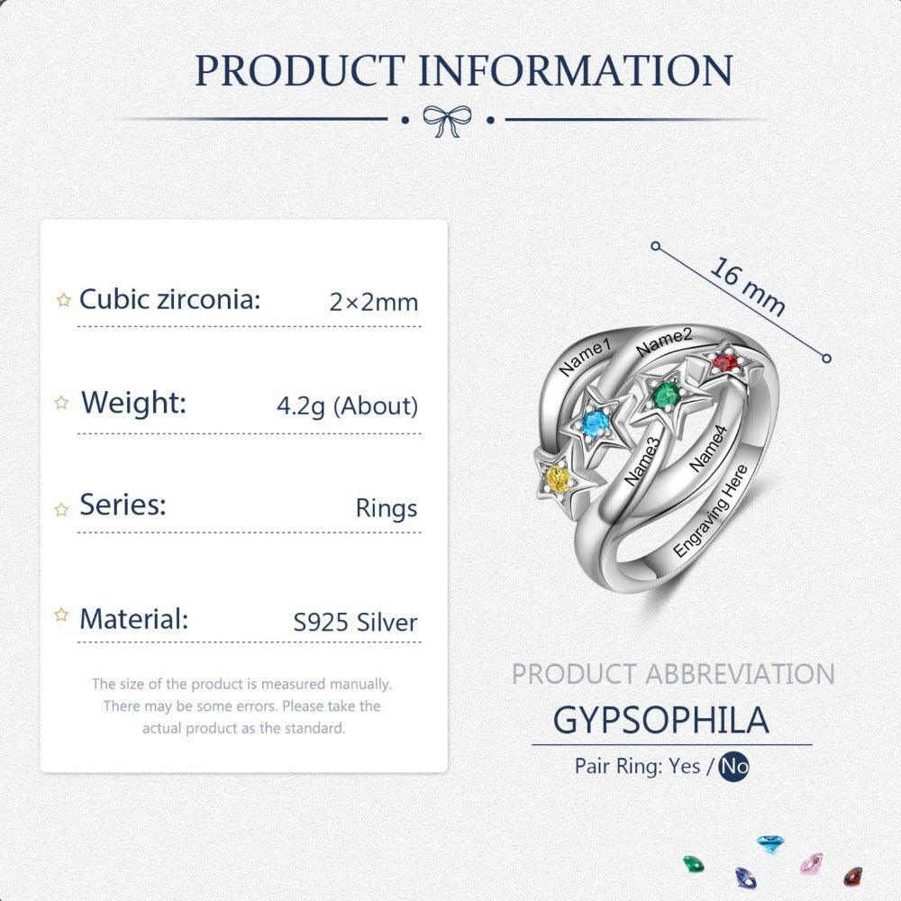 Star Personalized Silver Ring - 4 Custom Birthstones 4 Custom Names 1 Custom Engraving-Personalized Jewels