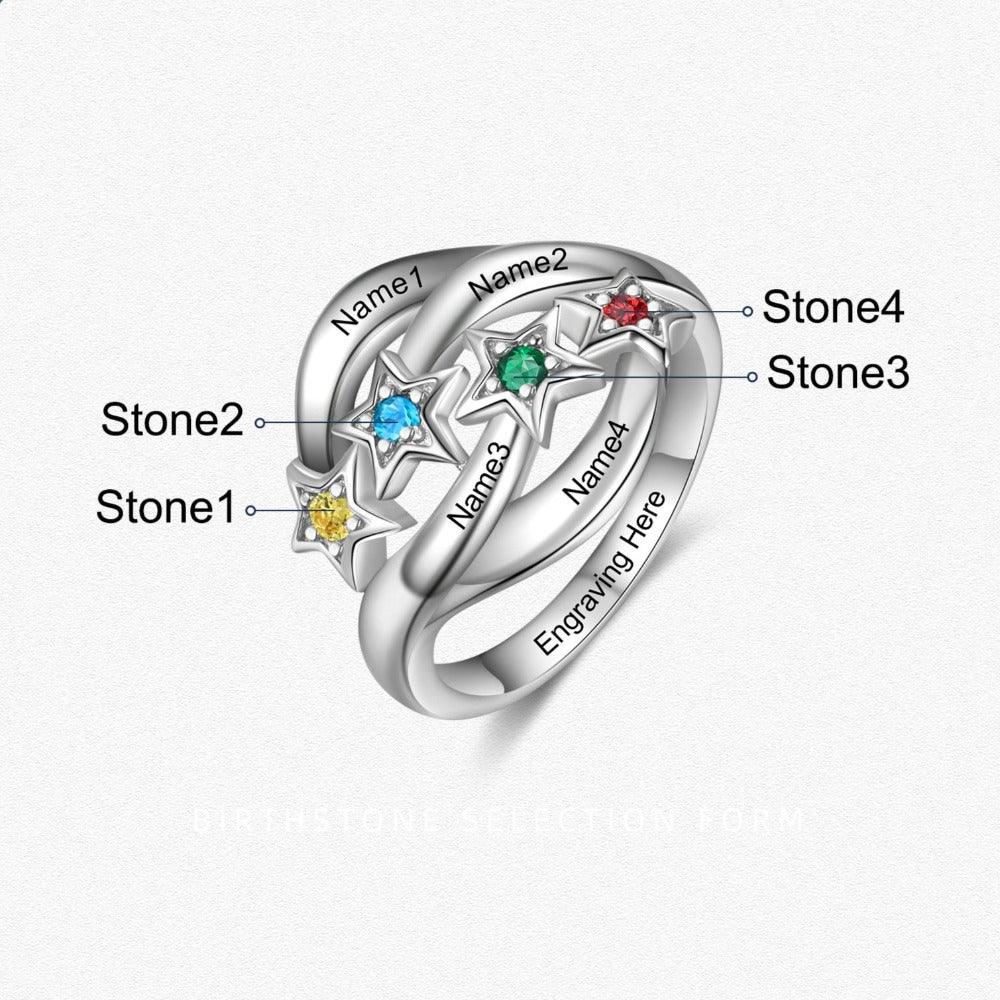 Star Personalized Silver Ring - 4 Custom Birthstones 4 Custom Names 1 Custom Engraving - Personalized Jewel