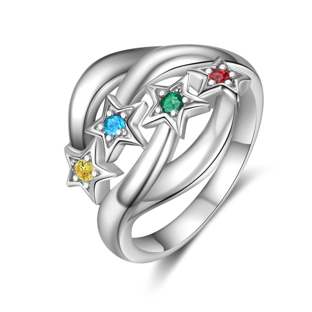 Star Personalized Silver Ring - 4 Custom Birthstones 4 Custom Names 1 Custom Engraving - Personalized Jewel