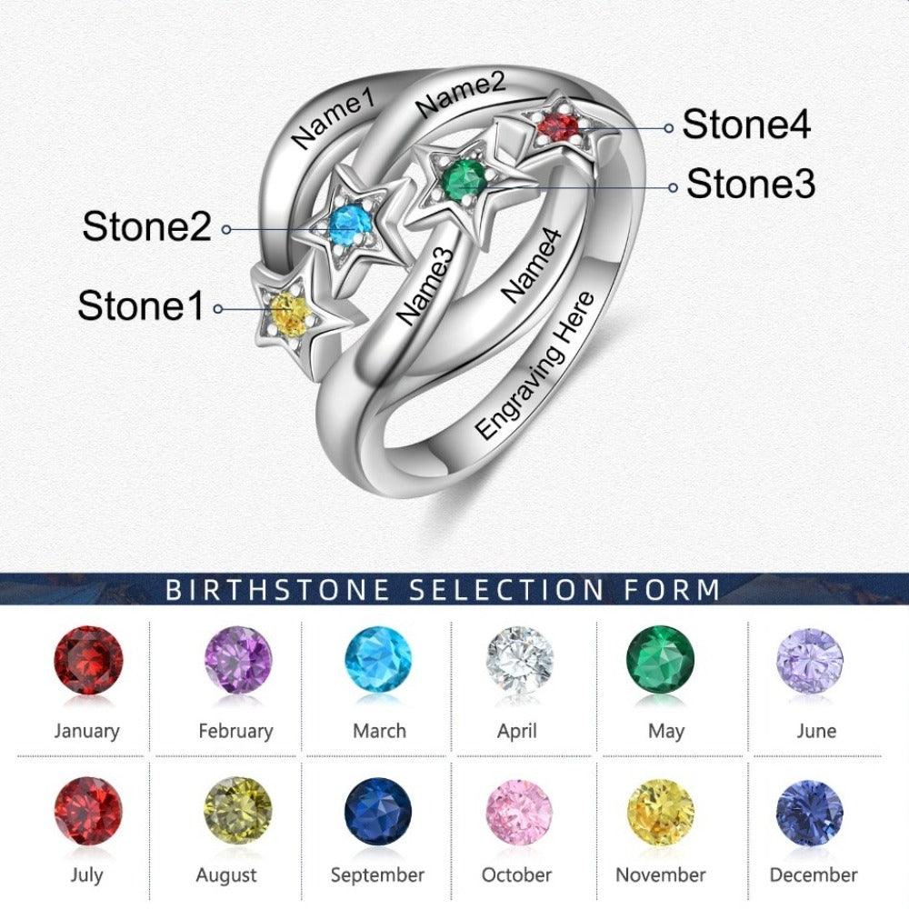 Star Personalized Silver Ring - 4 Custom Birthstones 4 Custom Names 1 Custom Engraving - Personalized Jewel