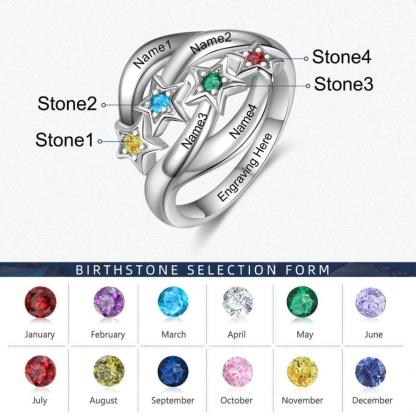 Star Personalized Silver Ring - 4 Custom Birthstones 4 Custom Names 1 Custom Engraving - Personalized Jewel