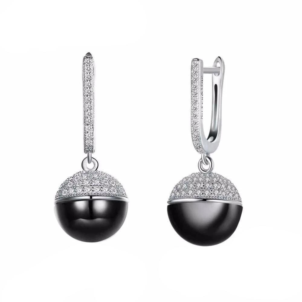 Sterling Silver Drop Earrings Zircon Black Ball Ceramic Dangles Fine Jewelry Accessories Gift-Personalized Jewels