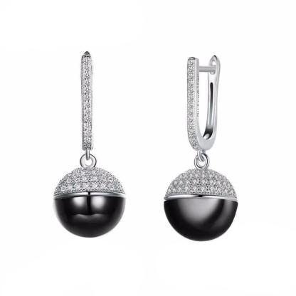 Sterling Silver Drop Earrings Zircon Black Ball Ceramic Dangles Fine Jewelry Accessories Gift - Personalized Jewel