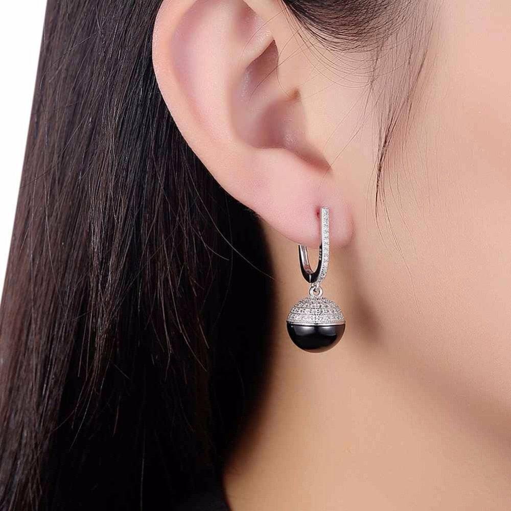 Sterling Silver Drop Earrings Zircon Black Ball Ceramic Dangles Fine Jewelry Accessories Gift - Personalized Jewel