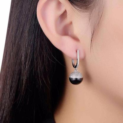 Sterling Silver Drop Earrings Zircon Black Ball Ceramic Dangles Fine Jewelry Accessories Gift - Personalized Jewel