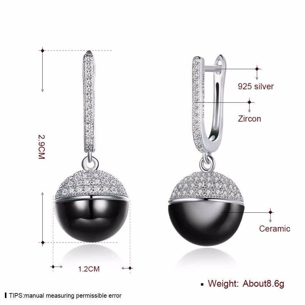 Sterling Silver Drop Earrings Zircon Black Ball Ceramic Dangles Fine Jewelry Accessories Gift - Personalized Jewel