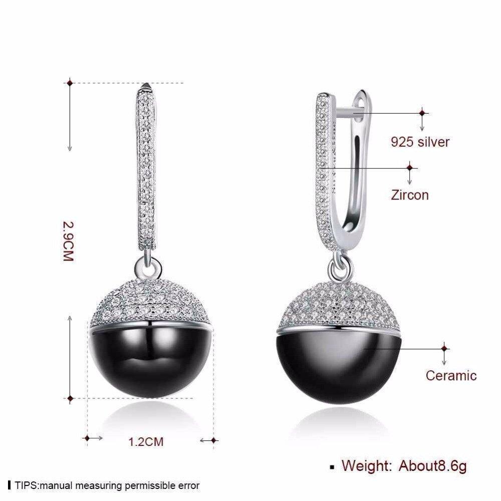 Sterling Silver Drop Earrings Zircon Black Ball Ceramic Dangles Fine Jewelry Accessories Gift - Personalized Jewel