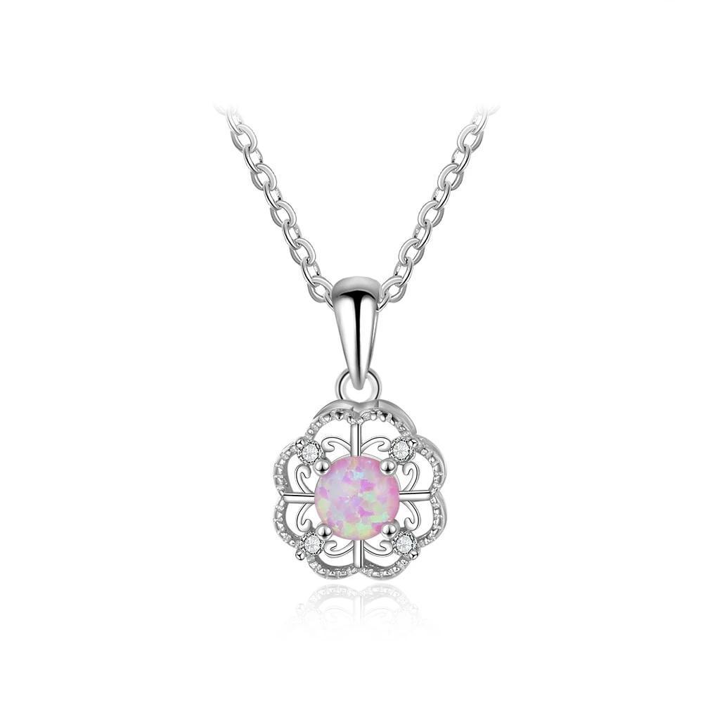 Sterling Silver Hollow Out Flower Pink Opal Pendant Necklace, Jewelry Gift for Women - Personalized Jewel