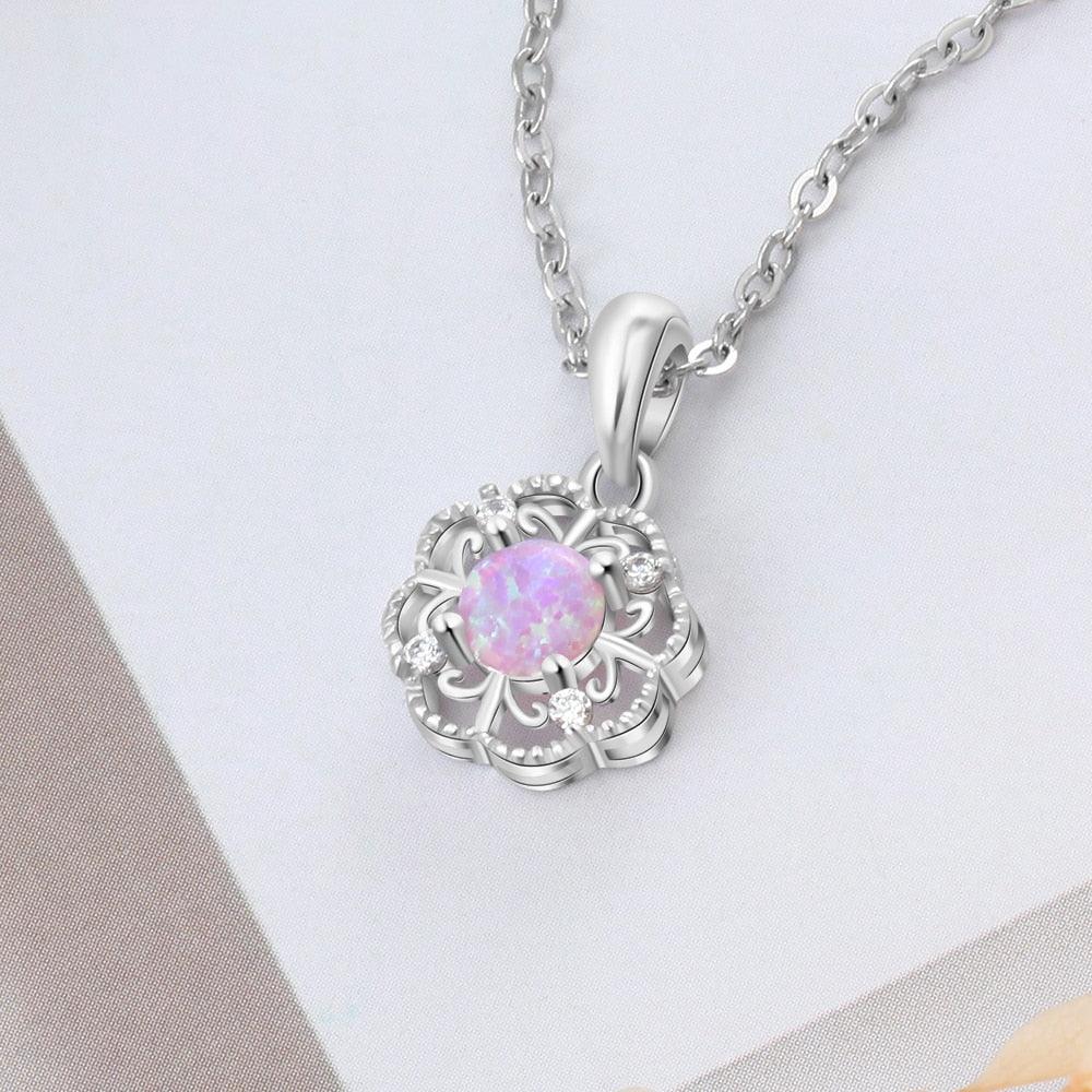 Sterling Silver Hollow Out Flower Pink Opal Pendant Necklace, Jewelry Gift for Women - Personalized Jewel