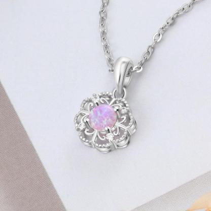 Sterling Silver Hollow Out Flower Pink Opal Pendant Necklace, Jewelry Gift for Women - Personalized Jewel