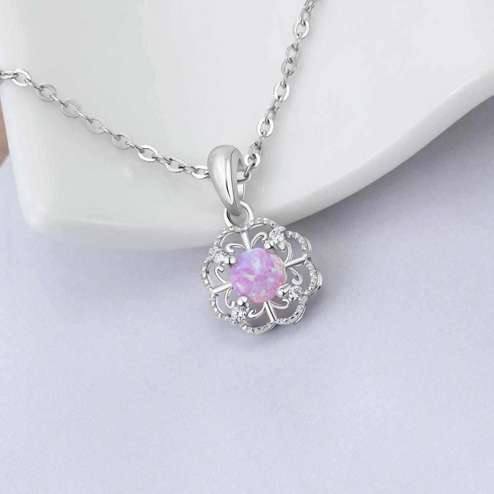 Sterling Silver Hollow Out Flower Pink Opal Pendant Necklace, Jewelry Gift for Women - Personalized Jewel