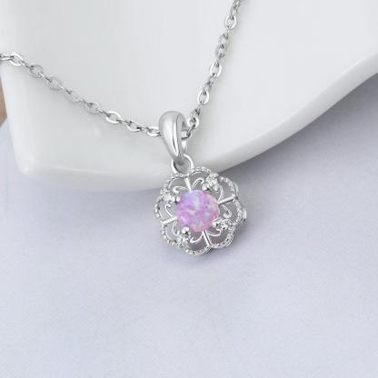 Sterling Silver Hollow Out Flower Pink Opal Pendant Necklace, Jewelry Gift for Women - Personalized Jewel