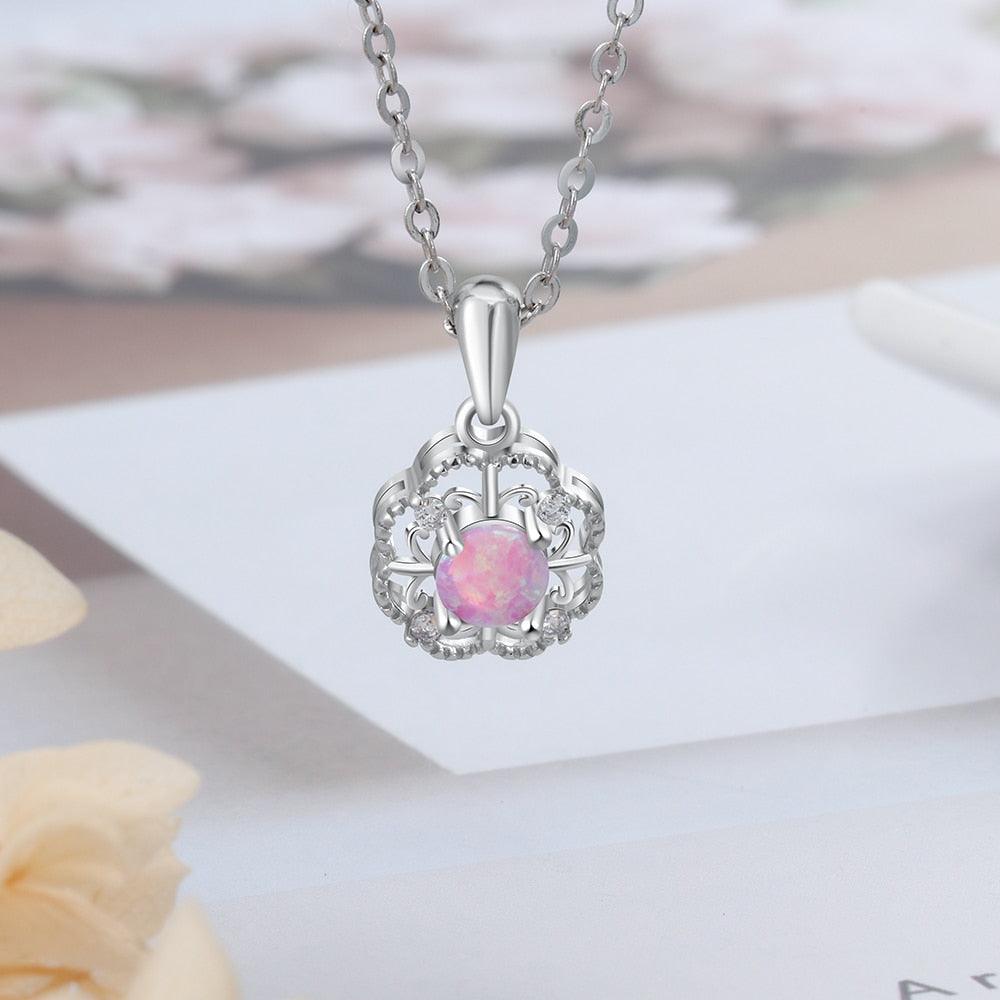 Sterling Silver Hollow Out Flower Pink Opal Pendant Necklace, Jewelry Gift for Women - Personalized Jewel