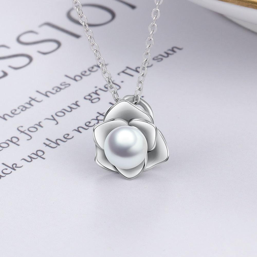 Sterling Silver Rose Shape Pearl Pendant Necklace, Fashion Jewelry Gift for Women - Personalized Jewel