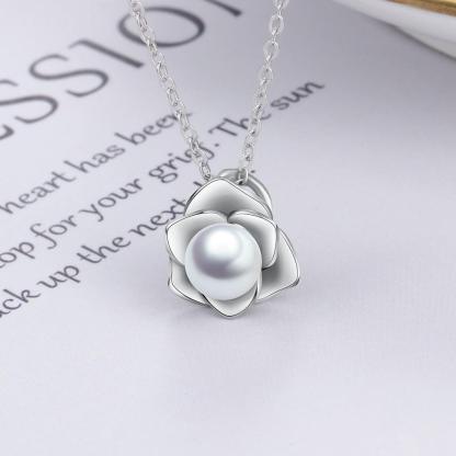 Sterling Silver Rose Shape Pearl Pendant Necklace, Fashion Jewelry Gift for Women - Personalized Jewel