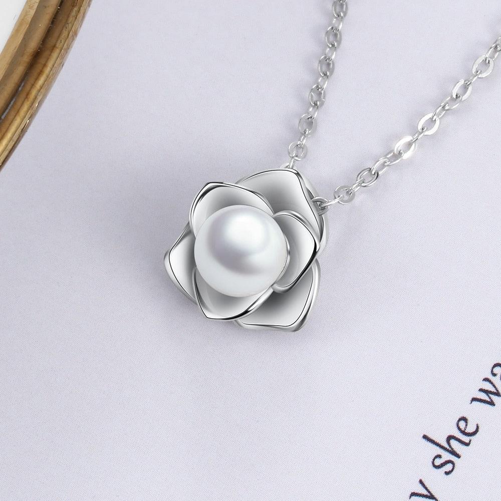Sterling Silver Rose Shape Pearl Pendant Necklace, Fashion Jewelry Gift for Women - Personalized Jewel