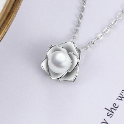 Sterling Silver Rose Shape Pearl Pendant Necklace, Fashion Jewelry Gift for Women - Personalized Jewel