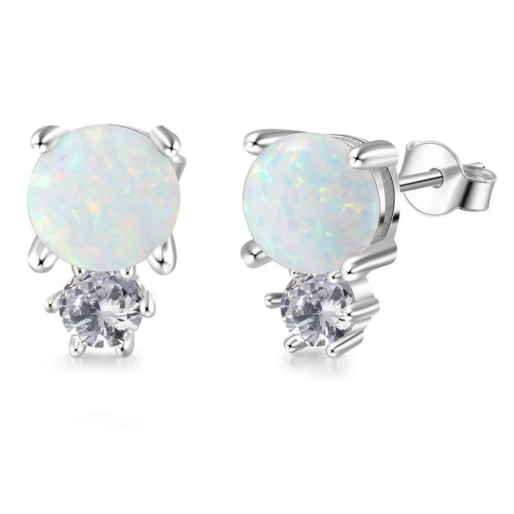 Sterling Silver White Opal Stud Earring Round Opal Stud Earring-Personalized Jewels