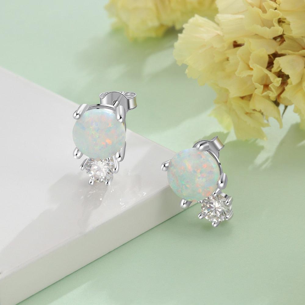 Sterling Silver White Opal Stud Earring Round Opal Stud Earring-Personalized Jewels