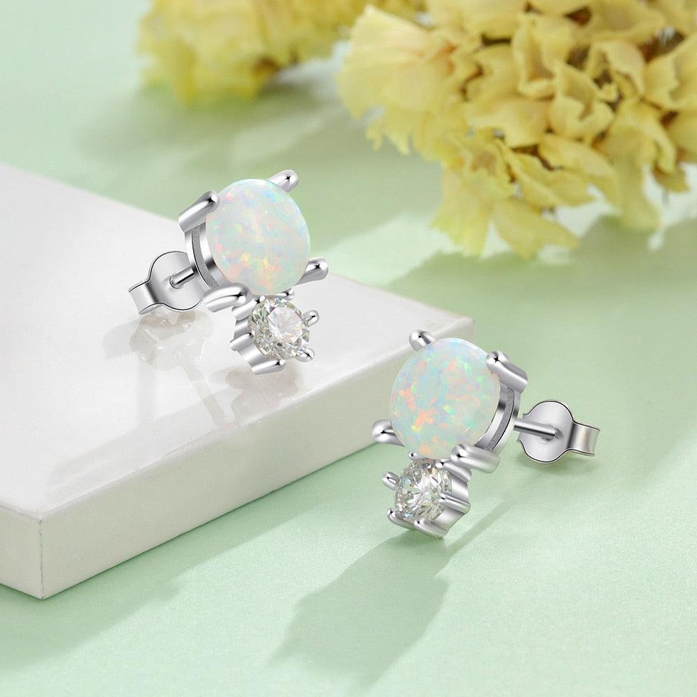 Sterling Silver White Opal Stud Earring Round Opal Stud Earring-Personalized Jewels