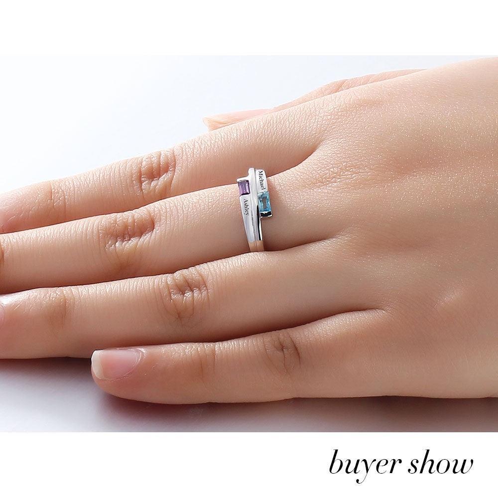 Stylish 925 Sterling Silver Rings- Engagement Custom Band Name & Birthstone Engraved - Personalized Jewel