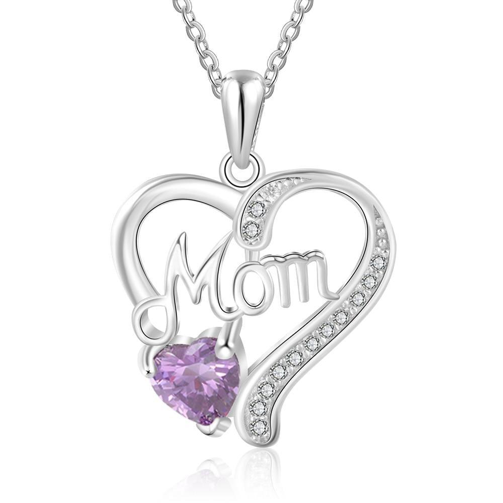 Stylish Heart And Stone Pendant For Women, Personalized Birthstone With Mom Written Pendant Necklace-Personalized Jewels