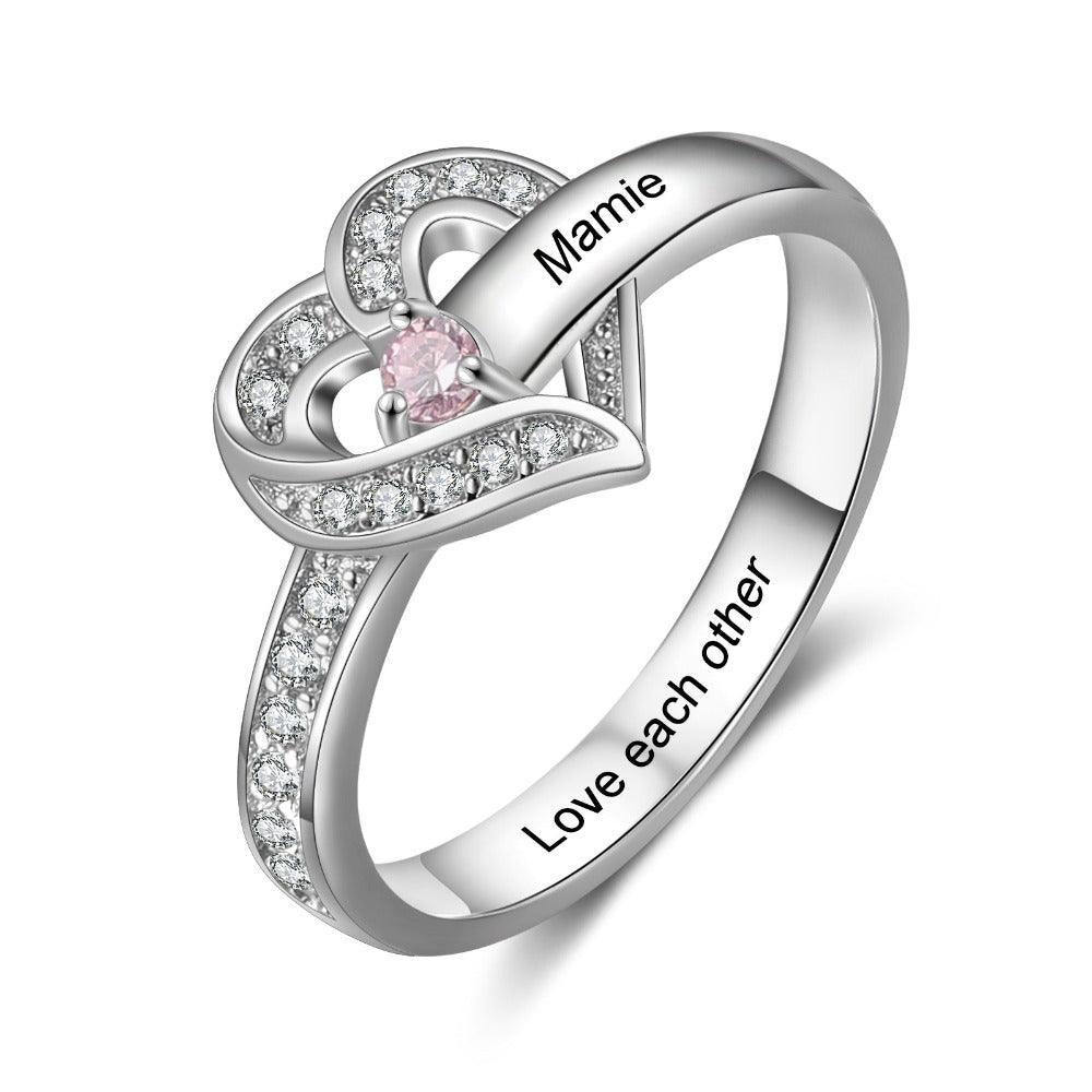 The Heart Personalized Silver Ring - 1 Custom Birthstone 1 Custome Name 1 Custom Engraving-Personalized Jewels