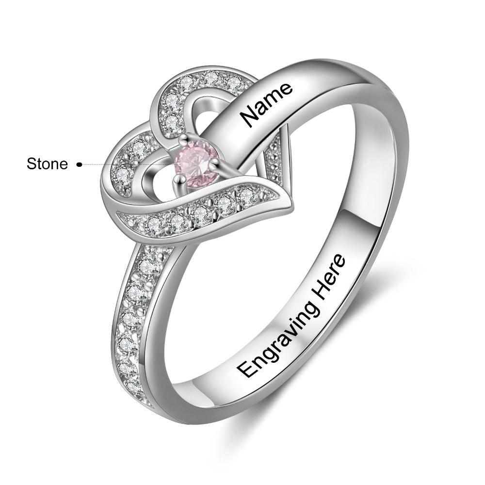 The Heart Personalized Silver Ring - 1 Custom Birthstone 1 Custome Name 1 Custom Engraving-Personalized Jewels
