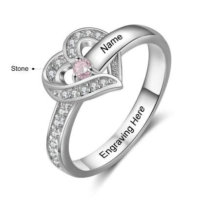 The Heart Personalized Silver Ring - 1 Custom Birthstone 1 Custome Name 1 Custom Engraving-Personalized Jewels
