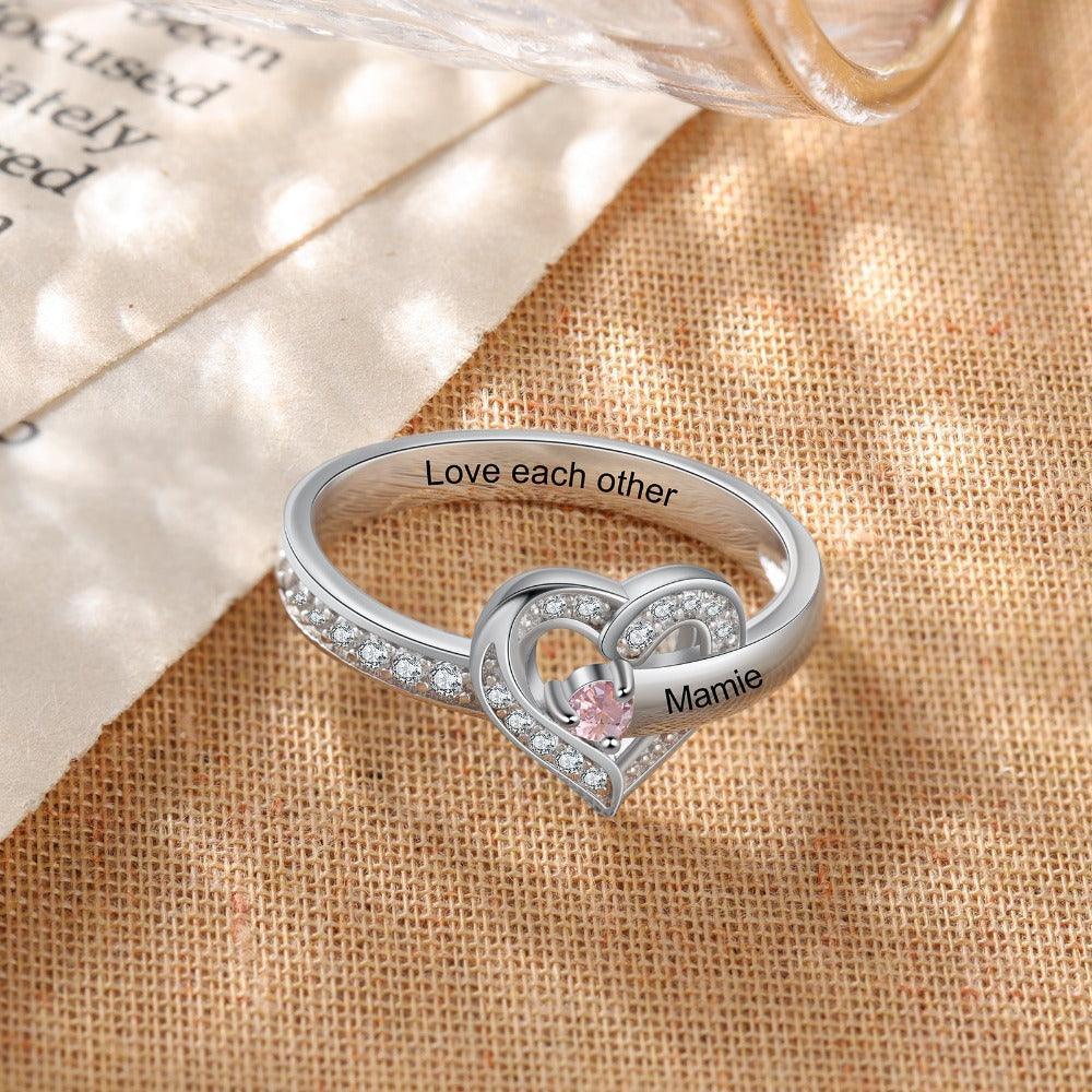 The Heart Personalized Silver Ring - 1 Custom Birthstone 1 Custome Name 1 Custom Engraving-Personalized Jewels