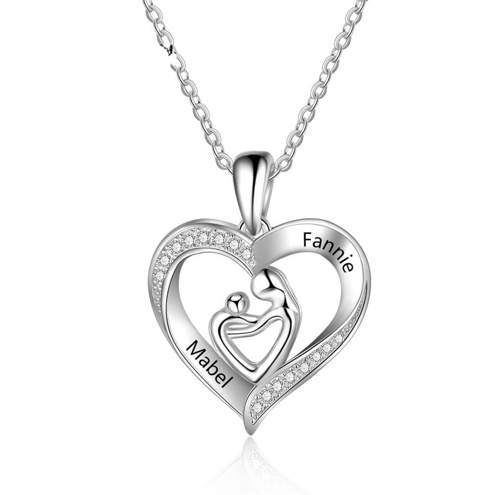Trendy 925 Sterling Silver Mother Baby Heart Pendant, Custom 2 Name Engravings in the Stone Stubbed Pendant - Personalized Jewel