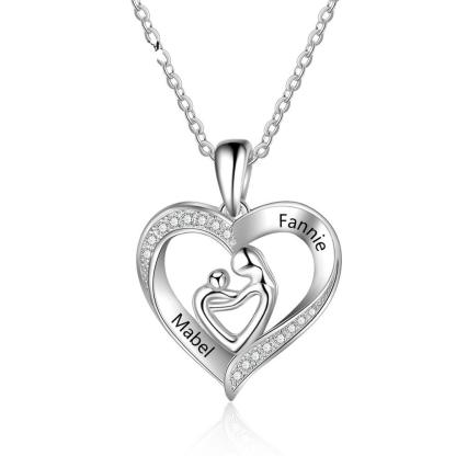 Trendy 925 Sterling Silver Mother Baby Heart Pendant, Custom 2 Name Engravings in the Stone Stubbed Pendant - Personalized Jewel