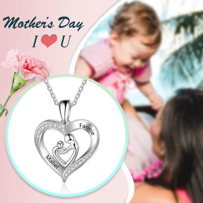 Trendy 925 Sterling Silver Mother Baby Heart Pendant, Custom 2 Name Engravings in the Stone Stubbed Pendant - Personalized Jewel