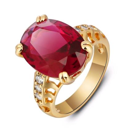 Trendy Copper Gold Color Party Rings for Women with 16mm Broadside Oval Red Stone - Personalized Jewel