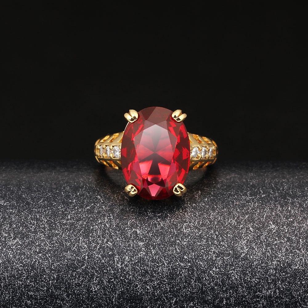 Trendy Copper Gold Color Party Rings for Women with 16mm Broadside Oval Red Stone - Personalized Jewel