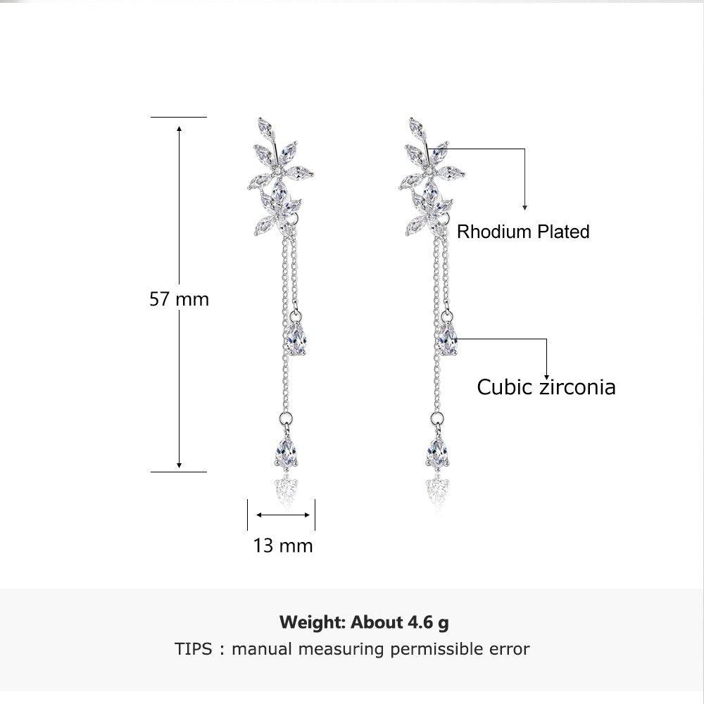 Trendy Flower Pattern with Long Tassels Drop Earrings for Women, Rhodium Plated Silver, Fashion Jewelry Gift - Personalized Jewel
