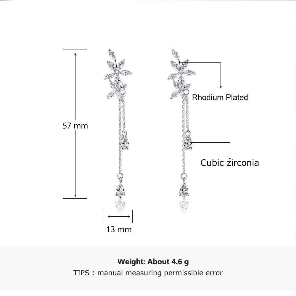 Trendy Flower Pattern with Long Tassels Drop Earrings for Women, Rhodium Plated Silver, Fashion Jewelry Gift - Personalized Jewel