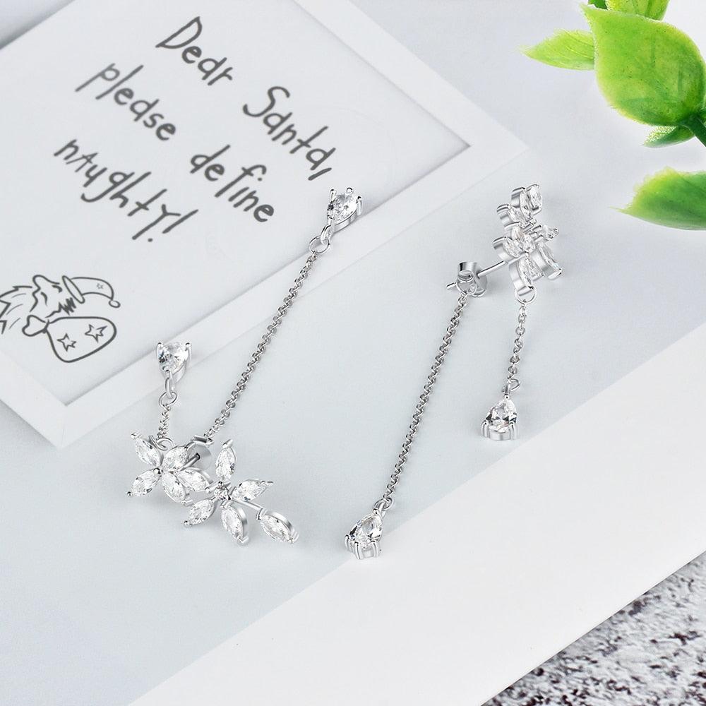 Trendy Flower Pattern with Long Tassels Drop Earrings for Women, Rhodium Plated Silver, Fashion Jewelry Gift - Personalized Jewel