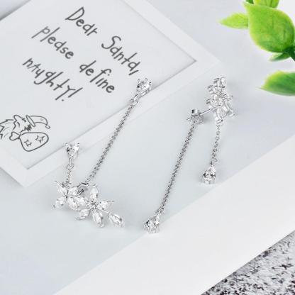 Trendy Flower Pattern with Long Tassels Drop Earrings for Women, Rhodium Plated Silver, Fashion Jewelry Gift - Personalized Jewel