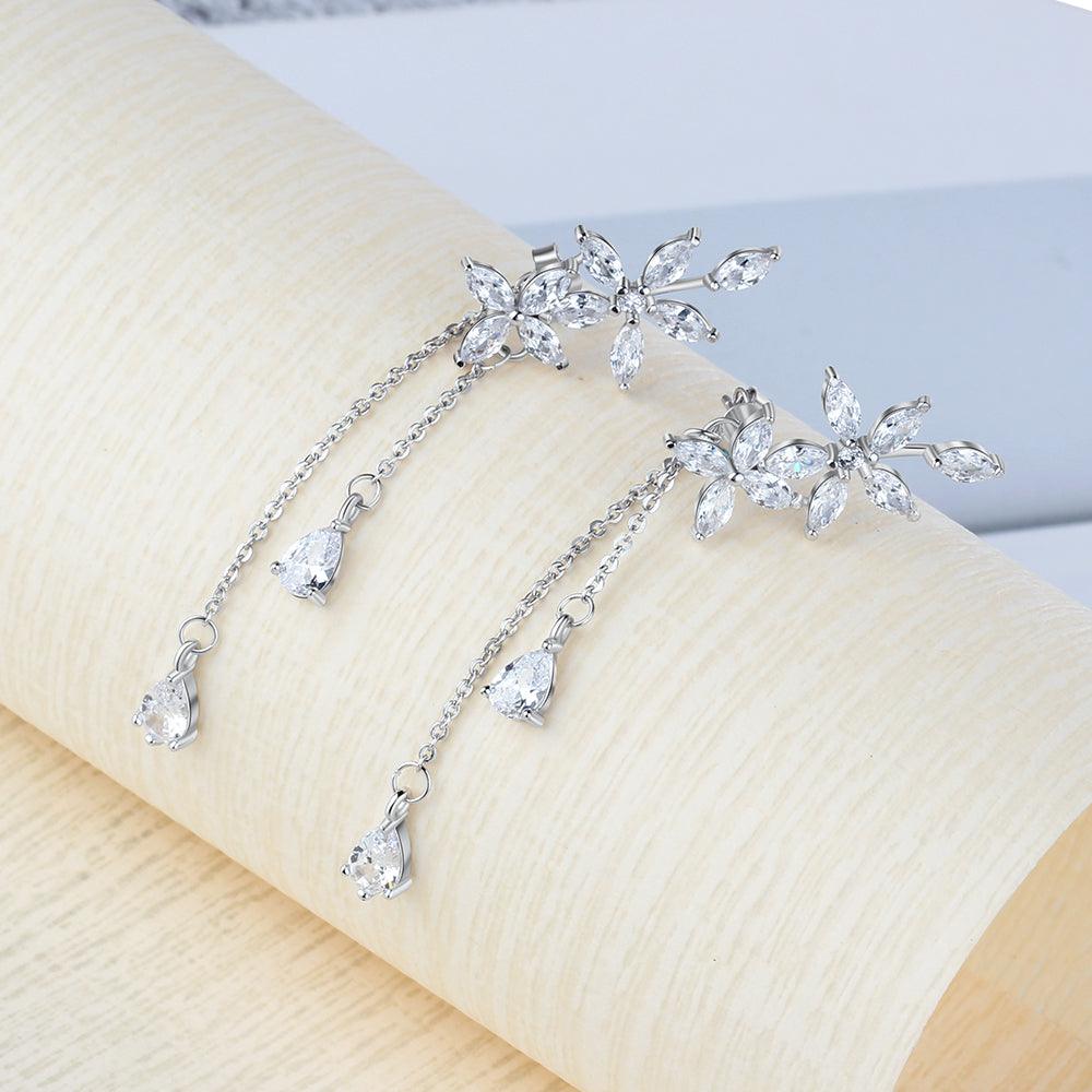 Trendy Flower Pattern with Long Tassels Drop Earrings for Women, Rhodium Plated Silver, Fashion Jewelry Gift - Personalized Jewel