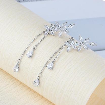 Trendy Flower Pattern with Long Tassels Drop Earrings for Women, Rhodium Plated Silver, Fashion Jewelry Gift - Personalized Jewel