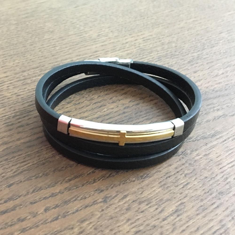 Trendy Genuine Leather Stainless Steel Cross Bracelets for Men, Double Layer Wristband, Jewelry Gift - Personalized Jewel