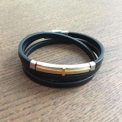 Trendy Genuine Leather Stainless Steel Cross Bracelets for Men, Double Layer Wristband, Jewelry Gift - Personalized Jewel