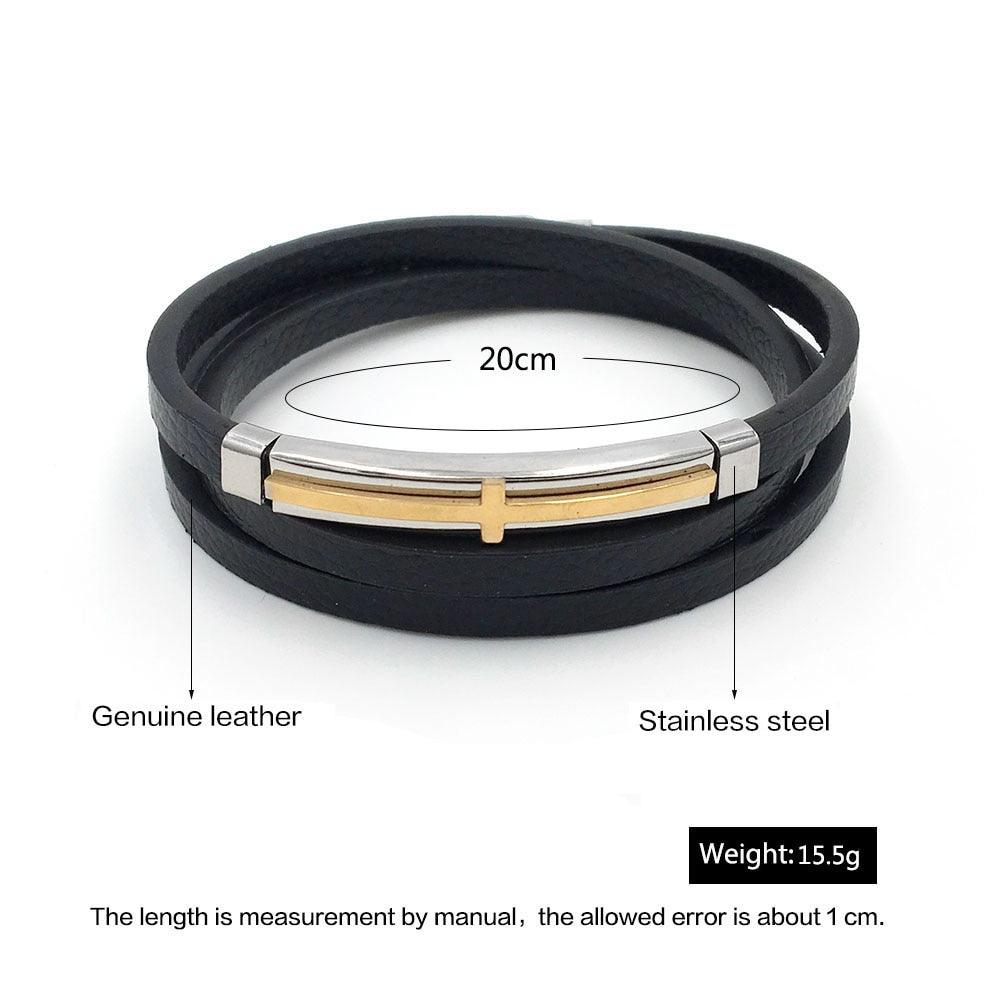 Trendy Genuine Leather Stainless Steel Cross Bracelets for Men, Double Layer Wristband, Jewelry Gift - Personalized Jewel
