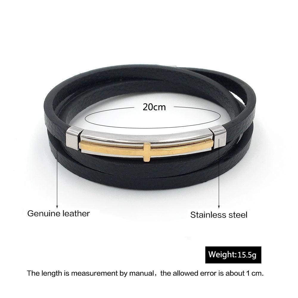 Trendy Genuine Leather Stainless Steel Cross Bracelets for Men, Double Layer Wristband, Jewelry Gift - Personalized Jewel