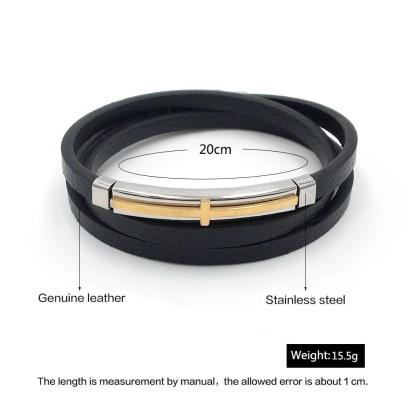 Trendy Genuine Leather Stainless Steel Cross Bracelets for Men, Double Layer Wristband, Jewelry Gift - Personalized Jewel