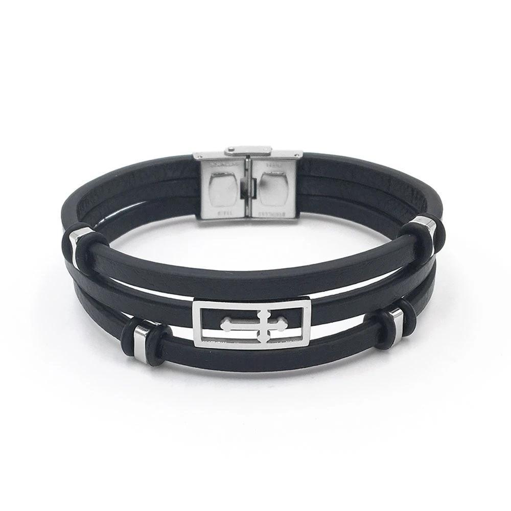 Trendy Genuine Leather Stainless Steel Holy Cross Bracelets for Men, Triple Layer Wristband, Anniversary Jewelry Gift - Personalized Jewel