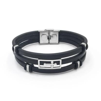 Trendy Genuine Leather Stainless Steel Holy Cross Bracelets for Men, Triple Layer Wristband, Anniversary Jewelry Gift - Personalized Jewel
